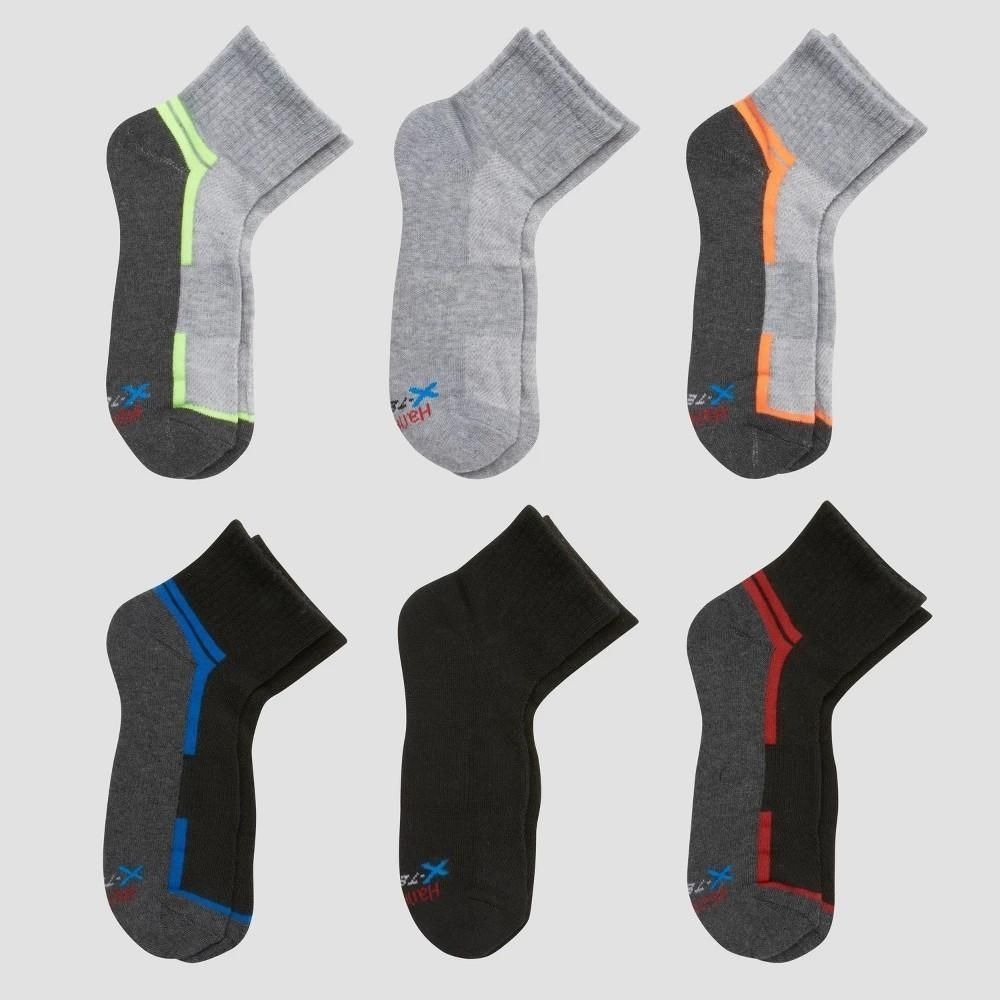 Hanes Moves Premium Boys 6pk Ankle Athletic Socks Gray Black Multi Size L 3-9